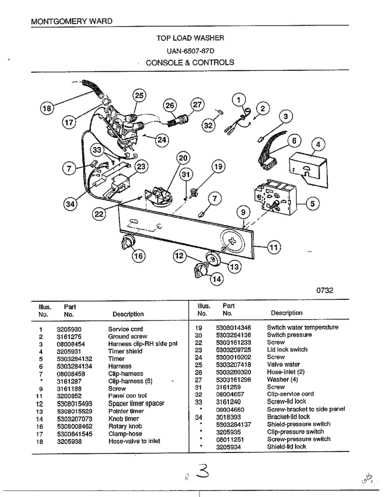 Console And Controls Diagram and Parts List for 6507-87D  Frigidaire Washer