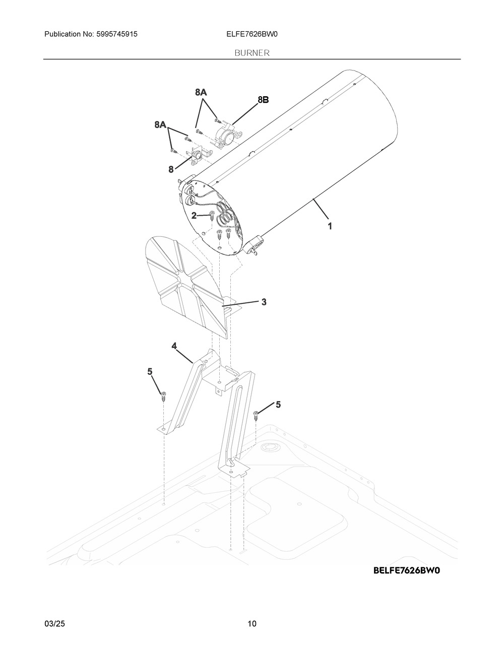 Burner Diagram and Parts List for ELFE7626BW0  Frigidaire Dryer