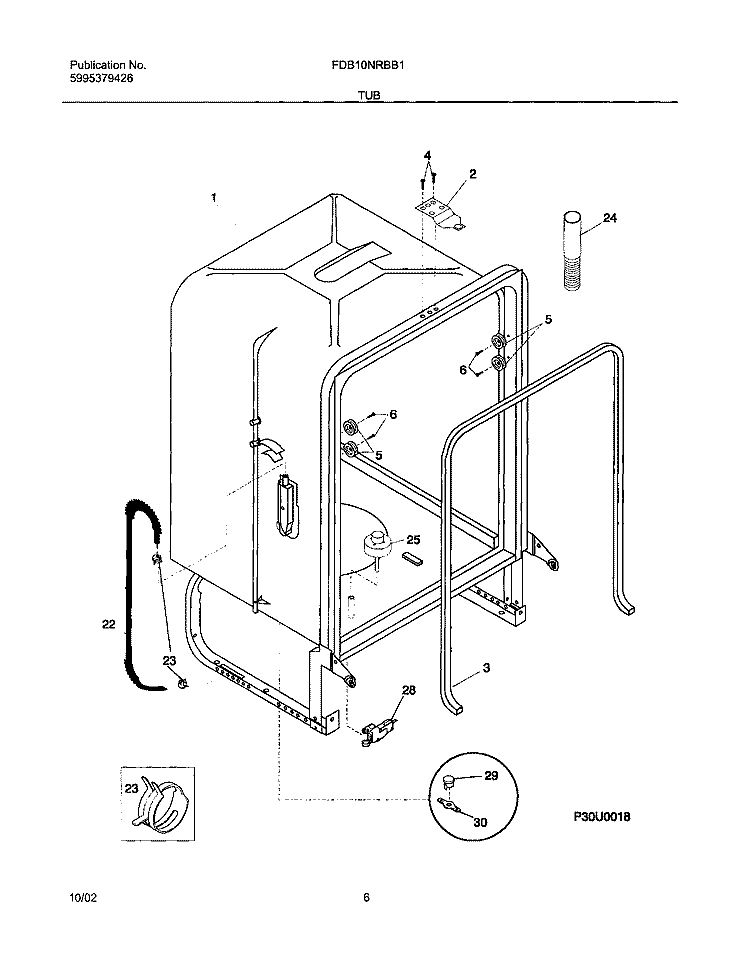 TUB Diagram and Parts List for FDB10NRBB1  Frigidaire Dishwasher