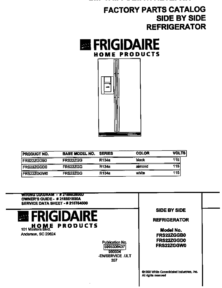 COVER Diagram and Parts List for FRS22ZGGD0  Frigidaire Refrigerator