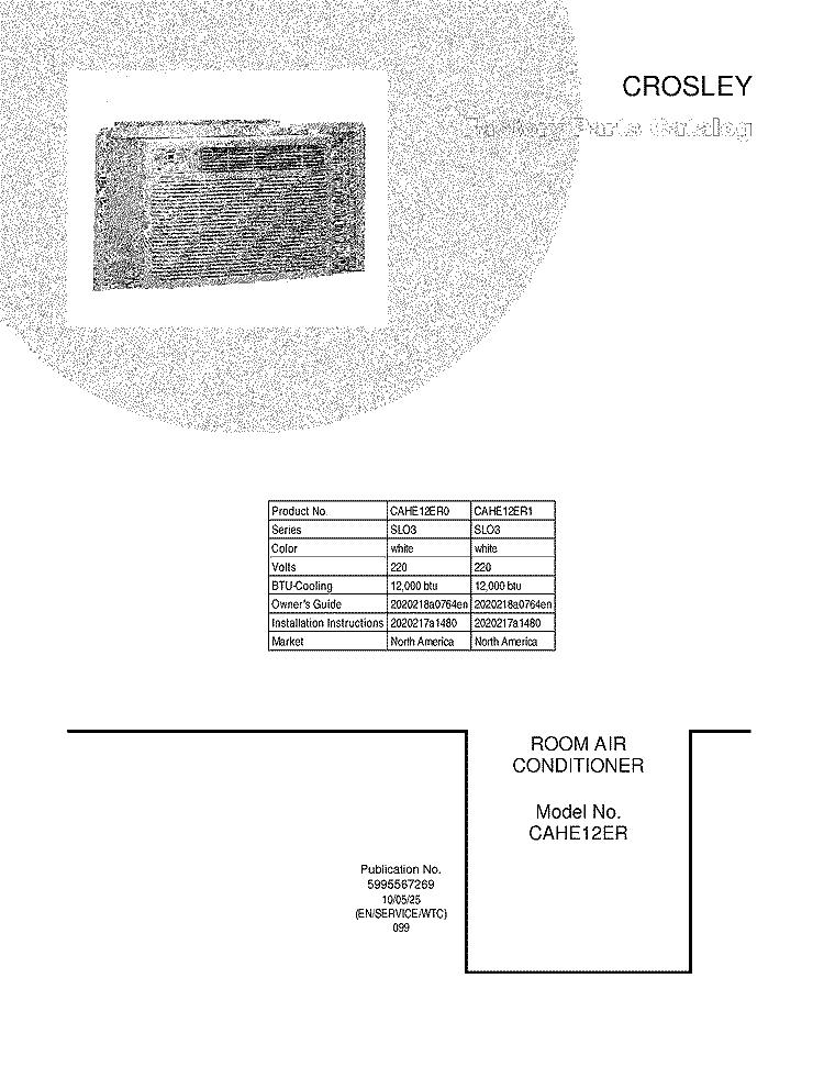 COVER Diagram and Parts List for CAHE12ER0  Crosley Air Conditioner