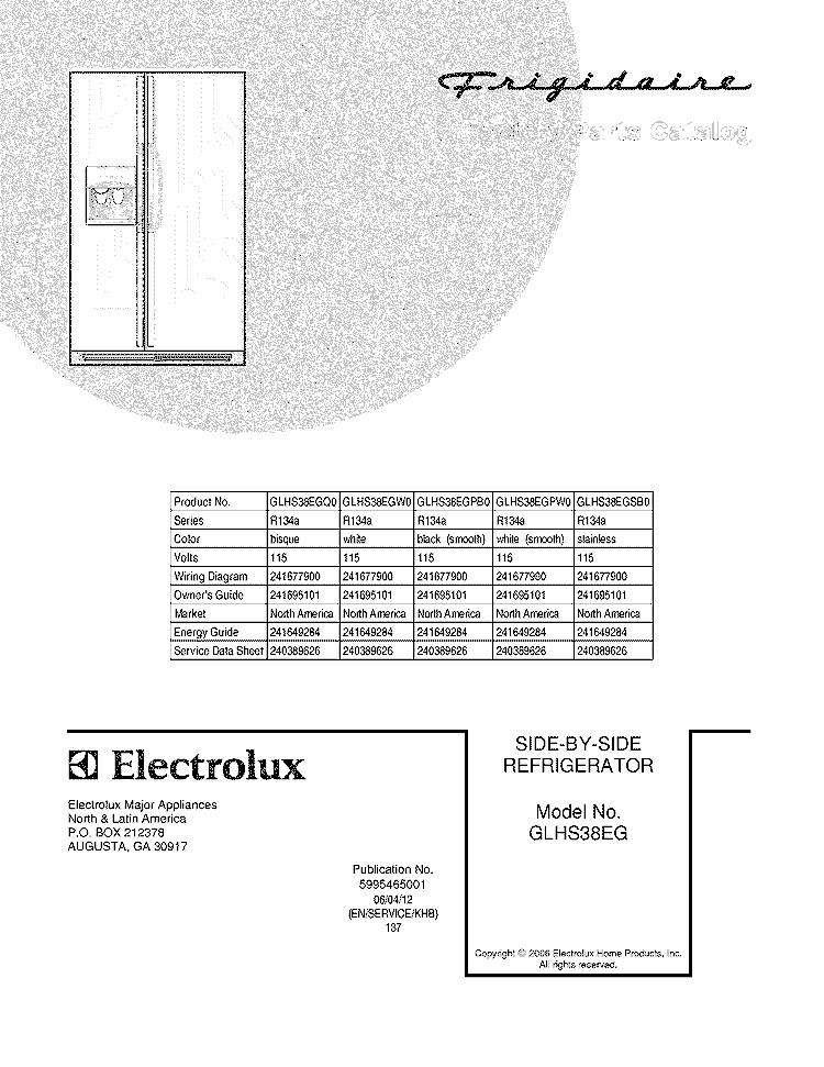 COVER Diagram and Parts List for GLHS38EGSB0  Frigidaire Refrigerator