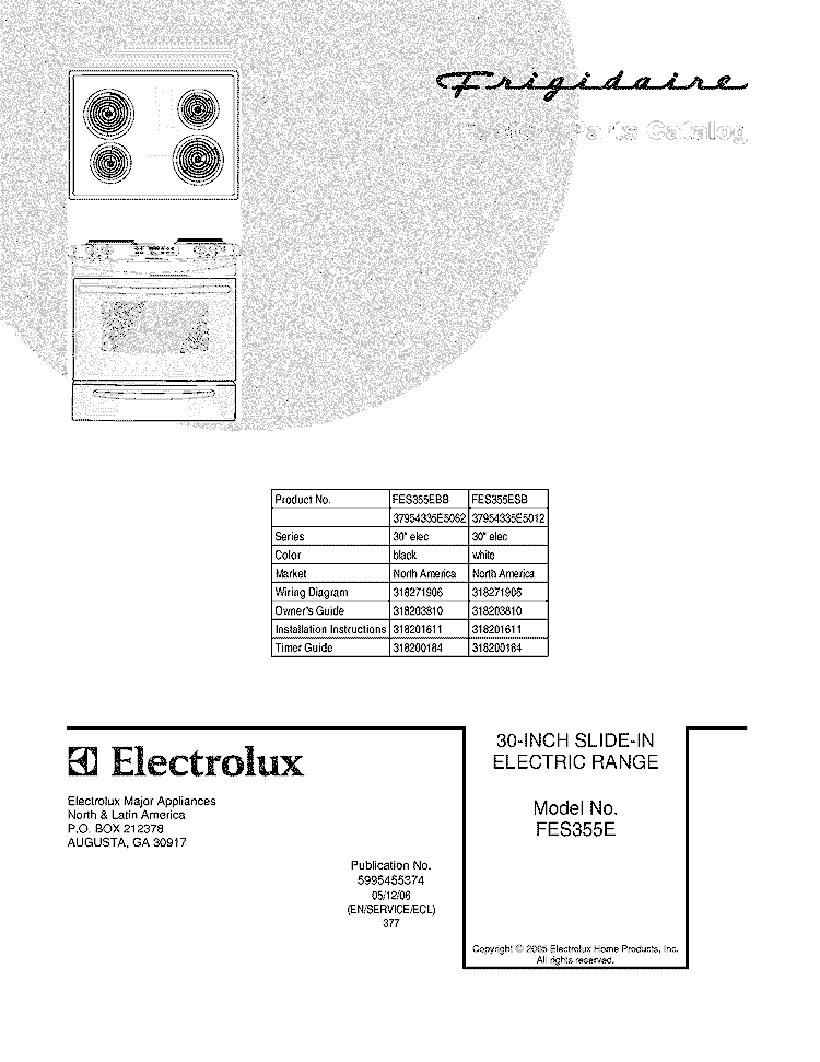 COVER Diagram and Parts List for FES355ESB  Frigidaire Range
