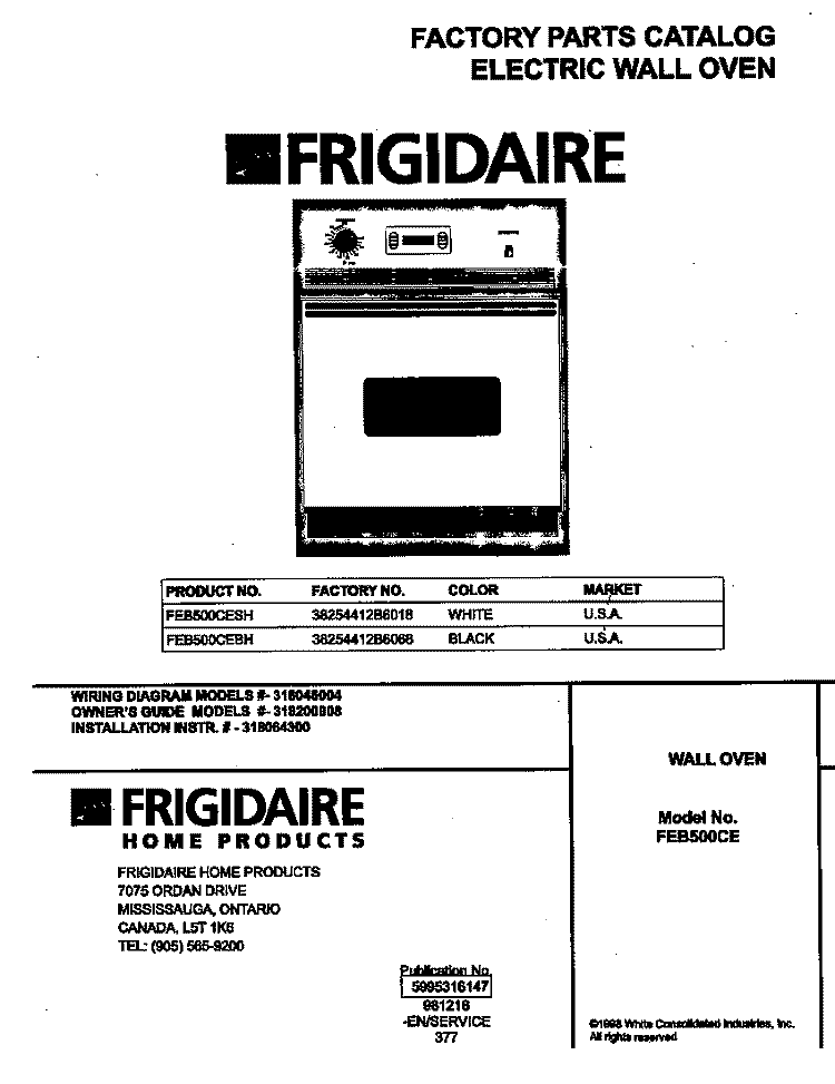 COVER Diagram and Parts List for FEB500CEBH  Frigidaire Wall Oven