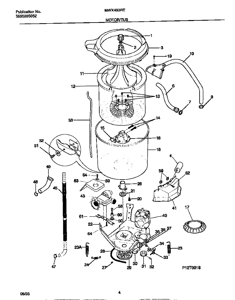 MOTOR / TUB Diagram and Parts List for MWX433REW0  Frigidaire Washer