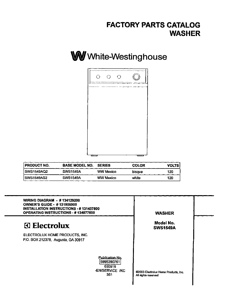 COVER Diagram and Parts List for SWS1549AQ2  Westinghouse Washer