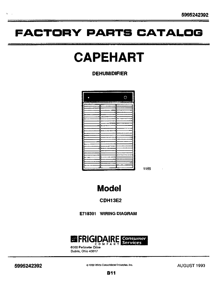COVER Diagram and Parts List for CDH13E2  Frigidaire Dehumidifier