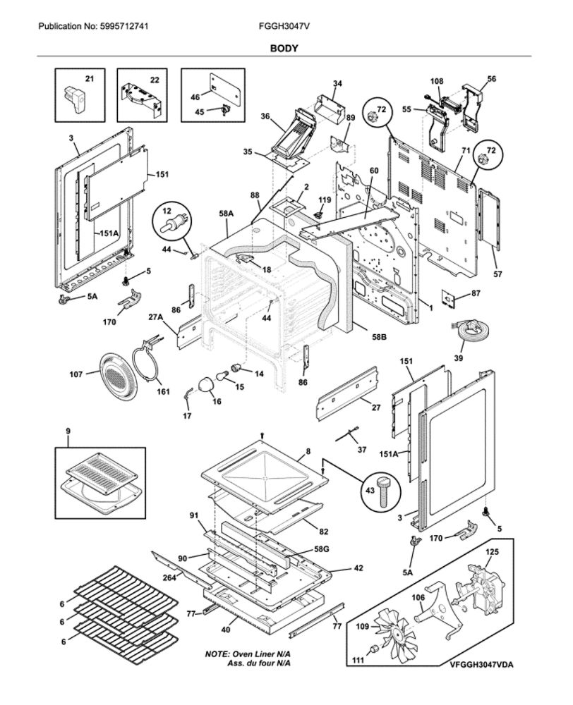 Body Diagram and Parts List for FGGH3047VFA  Frigidaire Range