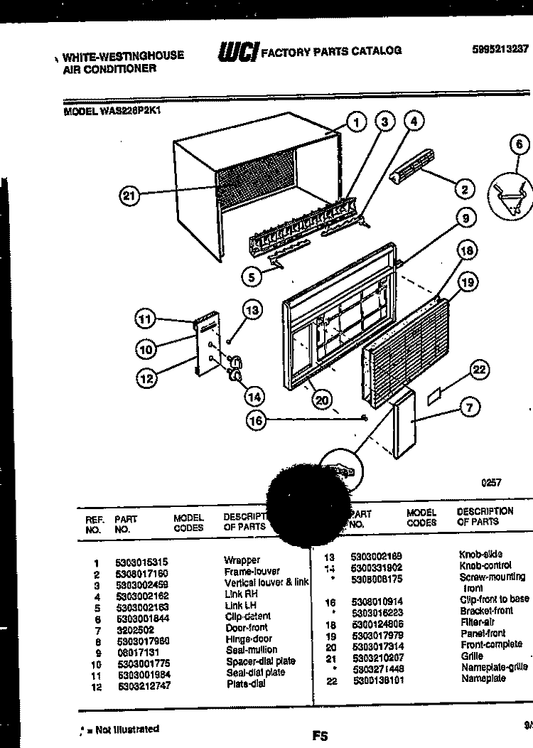 CABINET PARTS Diagram and Parts List for WAS226P2K1  Frigidaire Air Conditioner