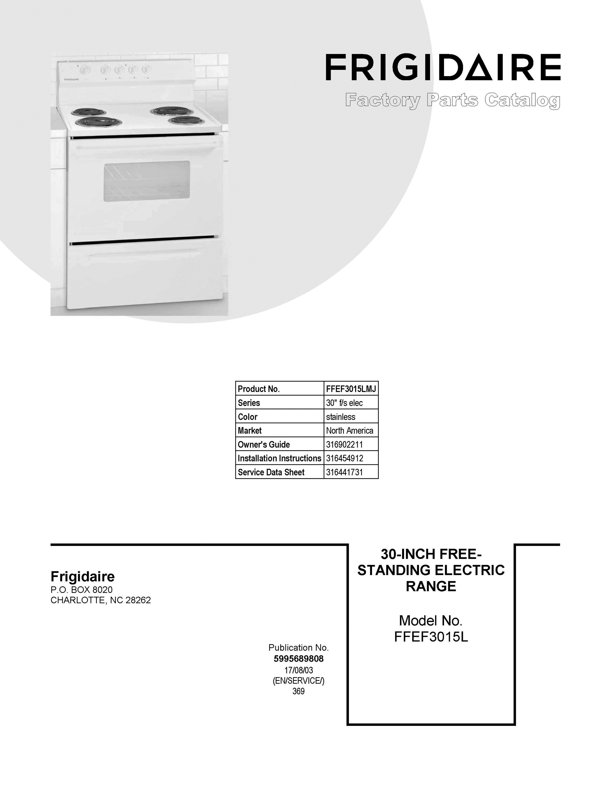 01 - COVER SHEET Diagram and Parts List for FFEF3015LMJ  Frigidaire Range