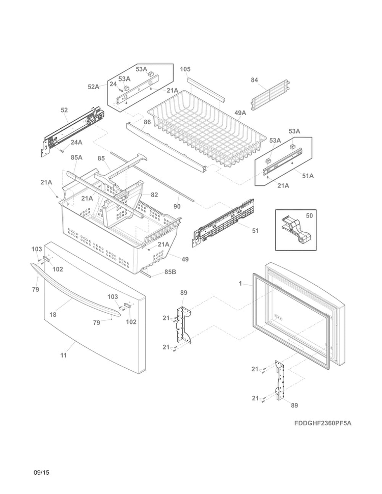 Freezer Drawer, Baskets Diagram and Parts List for FGHG2366PF4A  Frigidaire Refrigerator