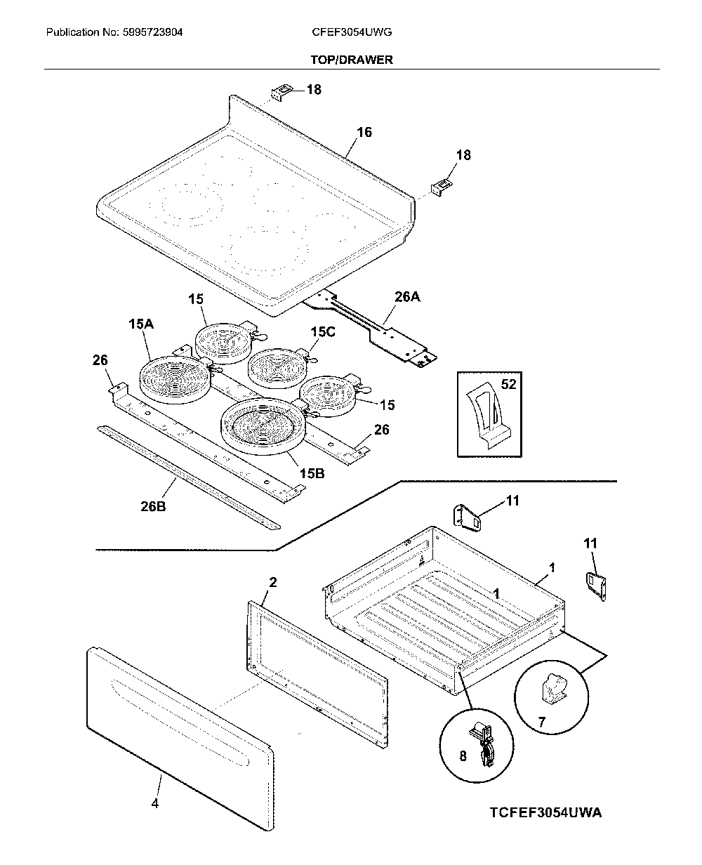 Top/drawer Diagram and Parts List for CFEF3054UWG  Frigidaire Range