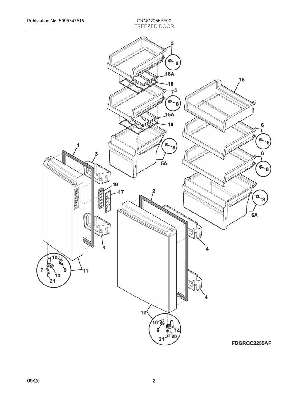 Freezer Door Diagram and Parts List for GRQC2255BF02  Frigidaire Refrigerator