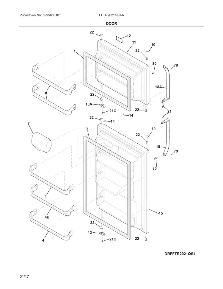 Door Diagram and Parts List for FFTR2021QSAA  Frigidaire Refrigerator