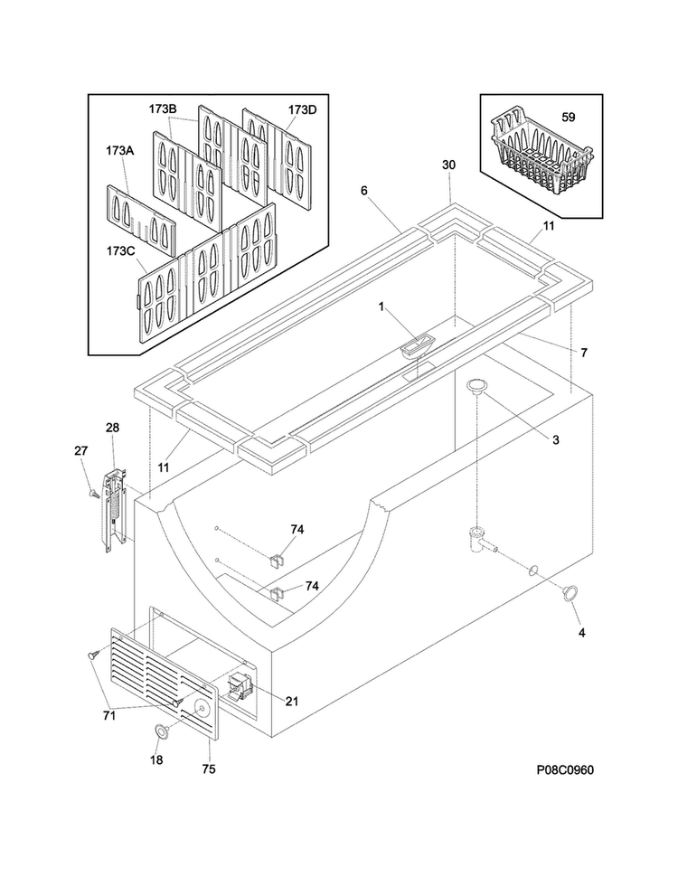 Cabinet Diagram and Parts List for FGCH25M8LW2  Frigidaire Freezer