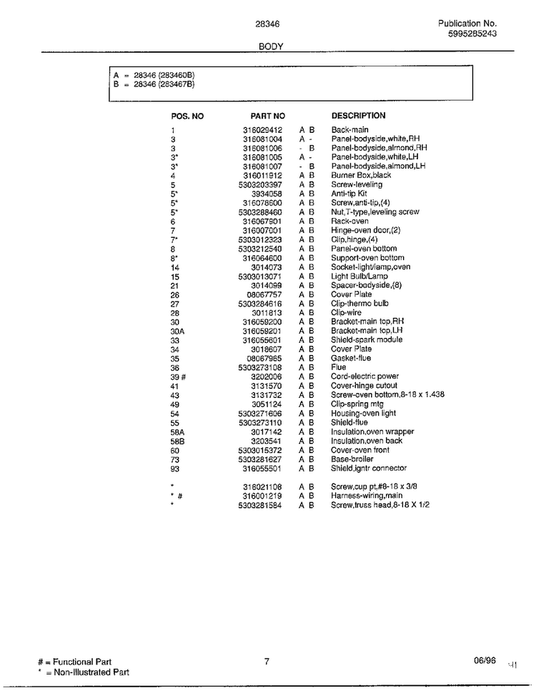 Body Page 2 Diagram and Parts List for 283460B  Frigidaire Range