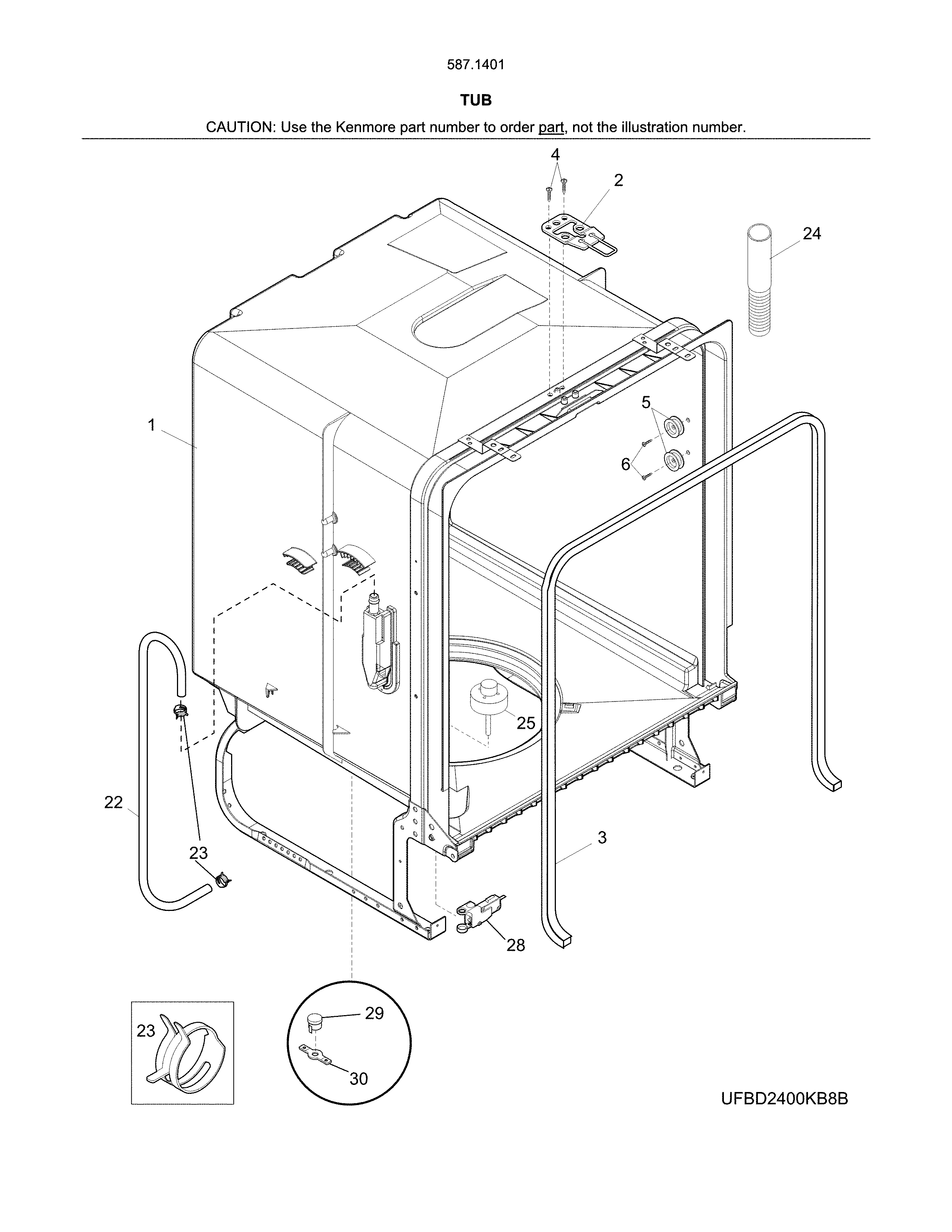 Tub Diagram and Parts List for 58714013415B  Kenmore Dishwasher