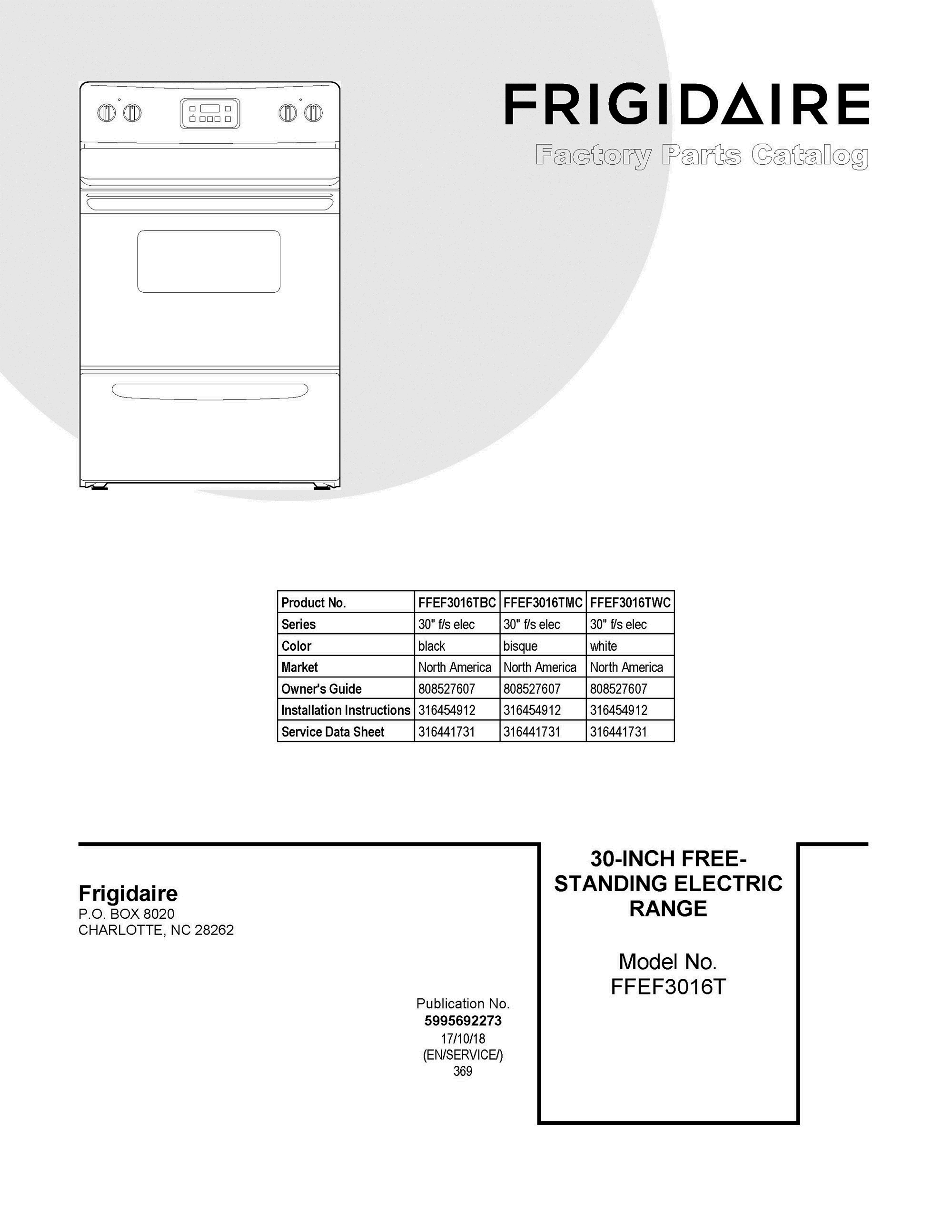 01 - COVER SHEET Diagram and Parts List for FFEF3016TBC  Frigidaire Range