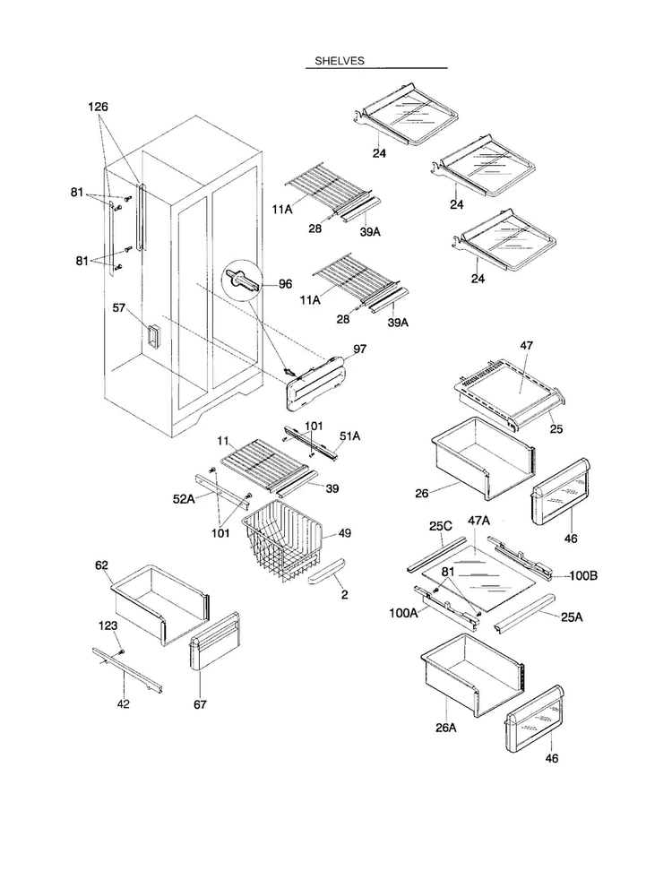 Shelves Diagram and Parts List for FRS26KR4JW1  Frigidaire Refrigerator