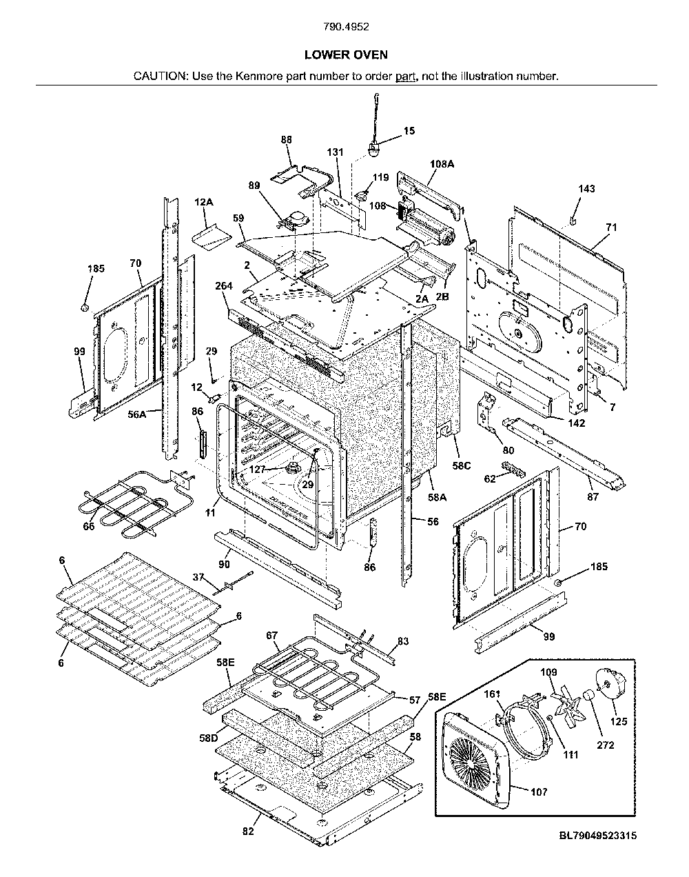Lower oven Diagram and Parts List for 79049529316  Kenmore Wall Oven