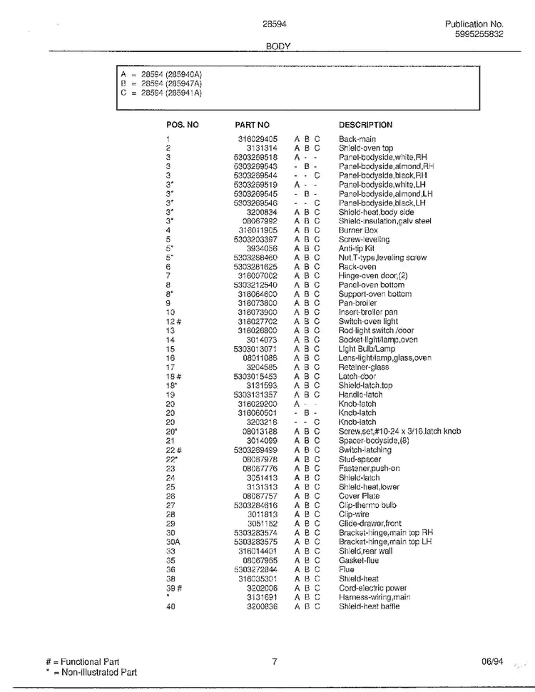 Body Page 2 Diagram and Parts List for 285947A  Frigidaire Range