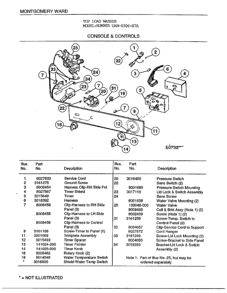 Console And Controls Diagram and Parts List for 6506-87A  Frigidaire Washer