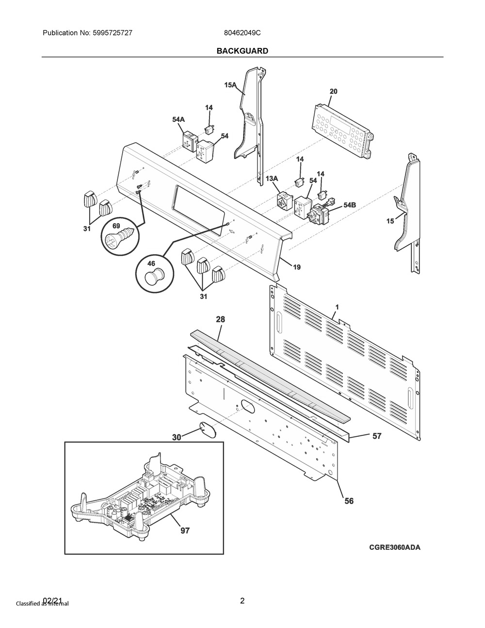Backguard Diagram and Parts List for 80462049C  Frigidaire Range