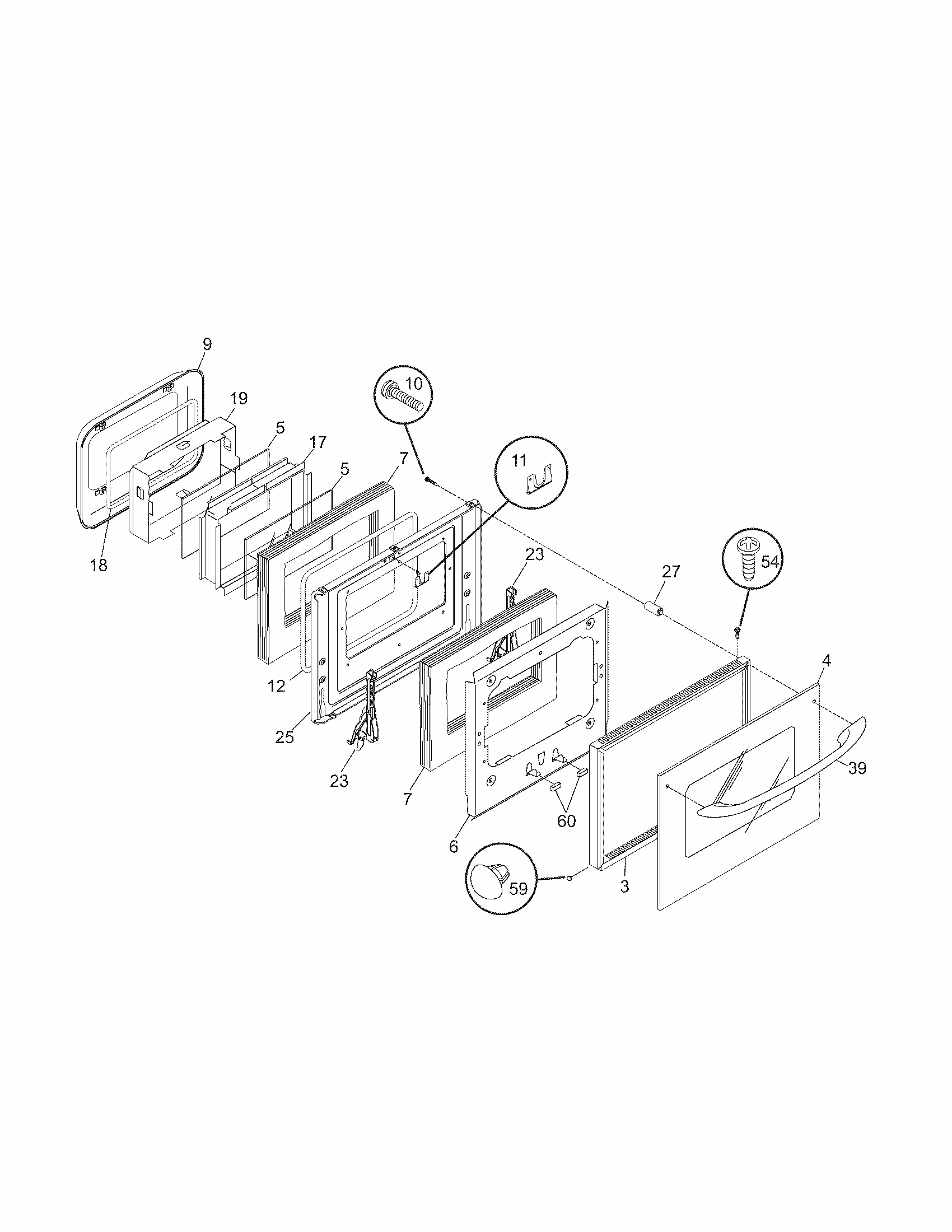 Door Diagram and Parts List for 79040522401  Kenmore Wall Oven