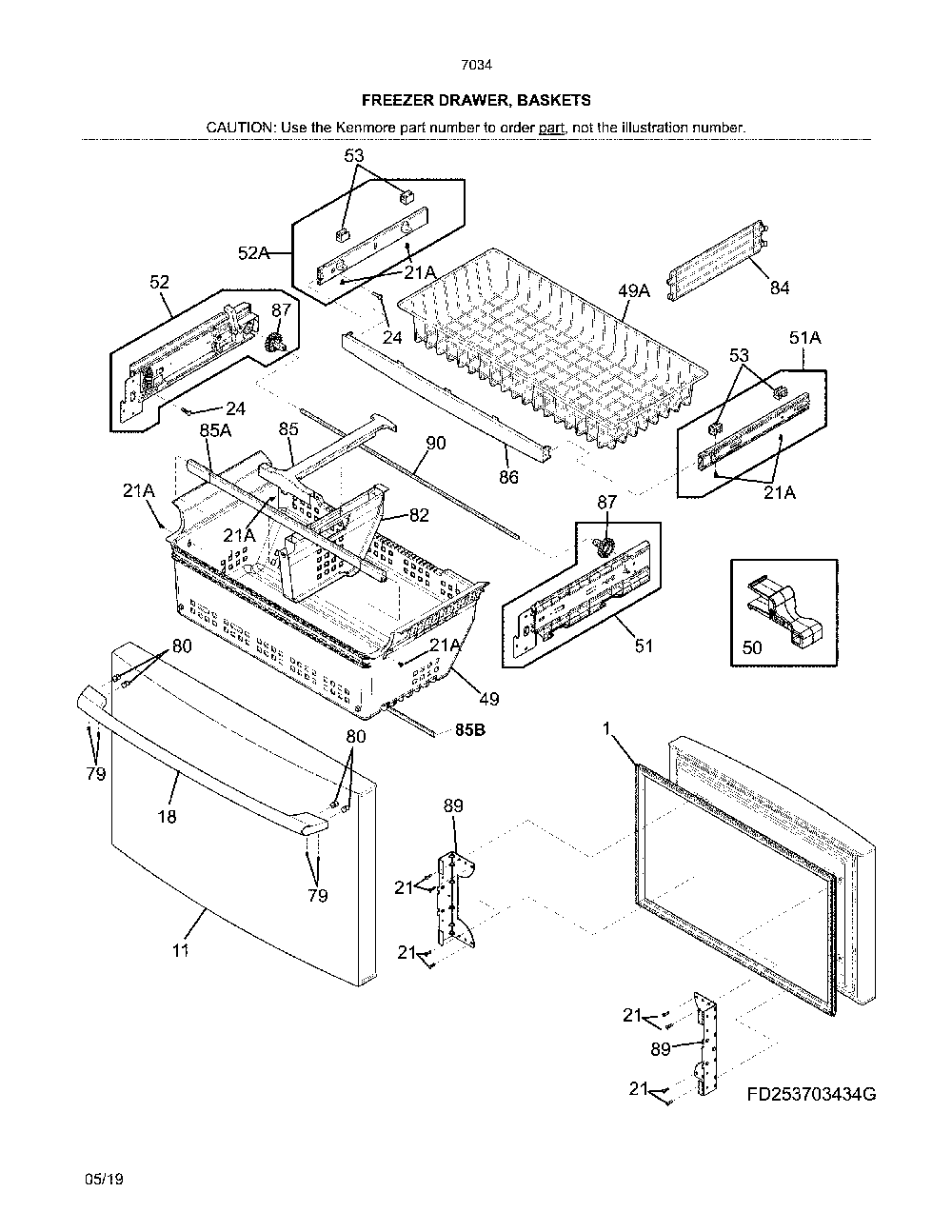 Freezer drawer, baskets Diagram and Parts List for 2537034341J  Kenmore Refrigerator
