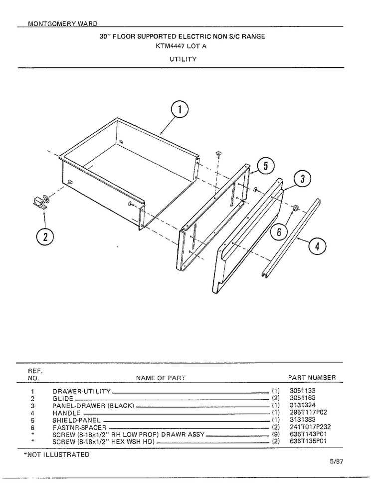 30" Floor Supported Elec Utility Diagram and Parts List for 4447A  Frigidaire Range
