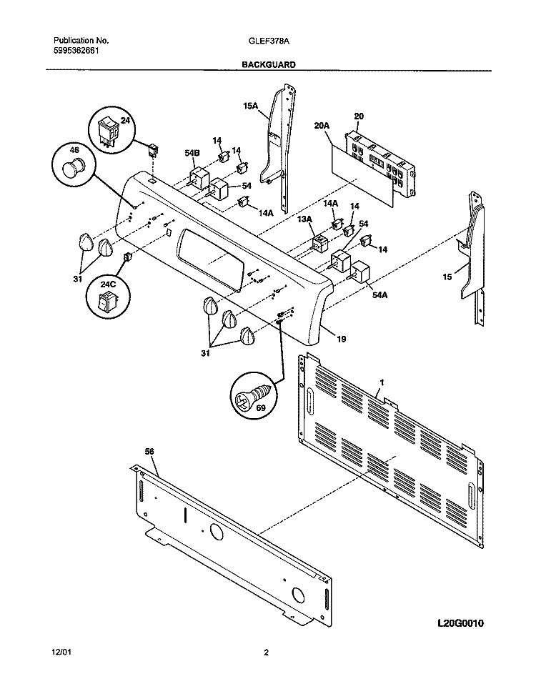 BACKGUARD Diagram and Parts List for GLEF378AQC  Frigidaire Range