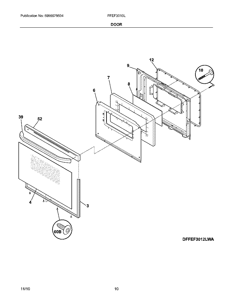 DOOR Diagram and Parts List for FFEF3010LBB  Frigidaire Range
