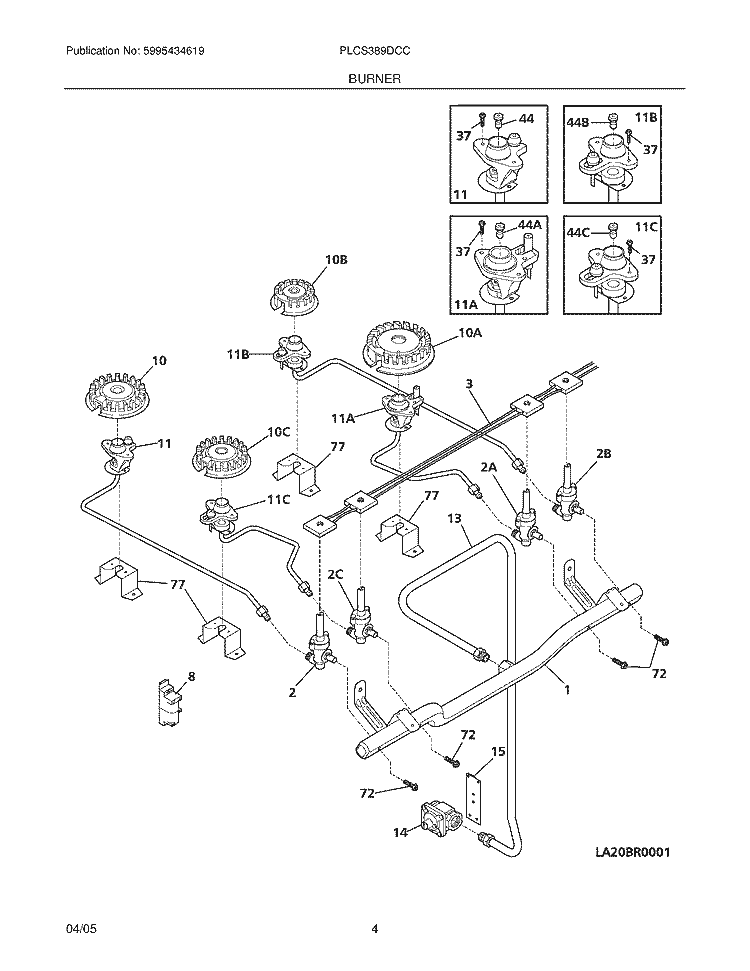 BURNER Diagram and Parts List for PLCS389DCC  Frigidaire Range