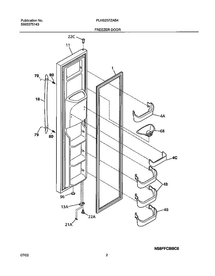 FREEZER DOOR Diagram and Parts List for PLHS237ZAB4  Frigidaire Refrigerator