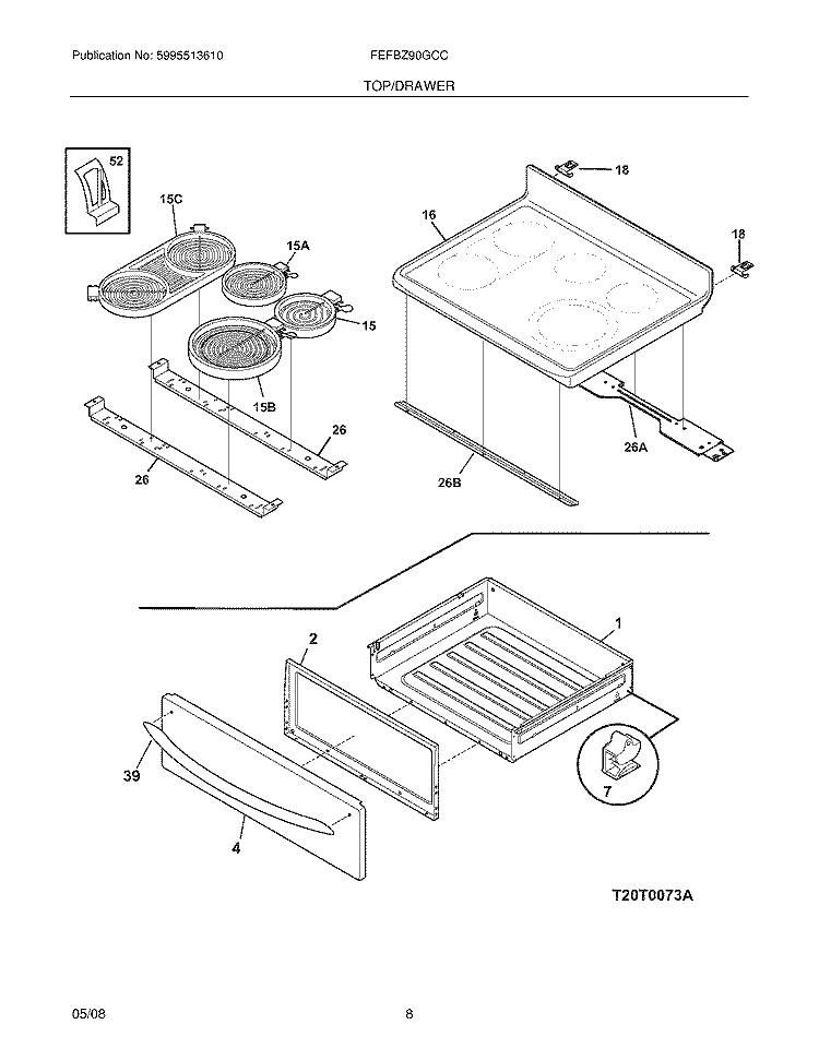 TOP/DRAWER Diagram and Parts List for FEFBZ90GCC  Frigidaire Range