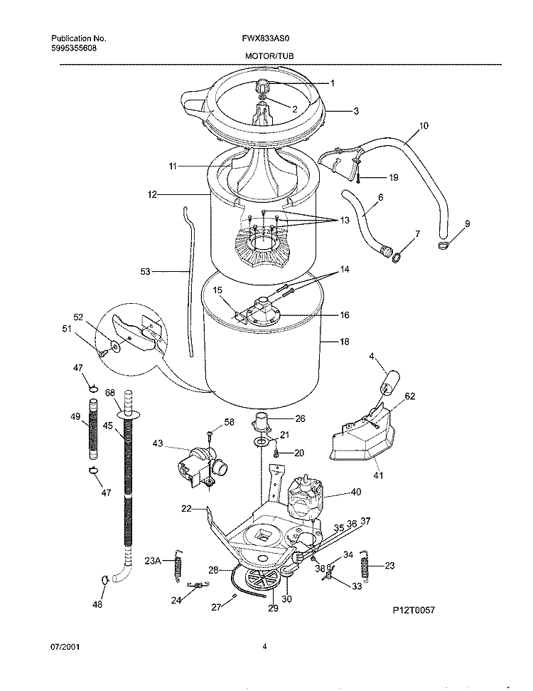 WSHR MTR, HOSE Diagram and Parts List for FWX833AS0  Frigidaire Washer