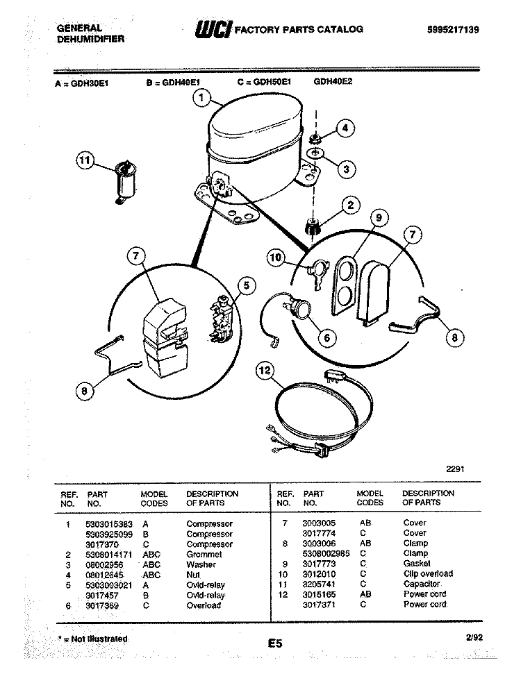 COMPRESSOR Diagram and Parts List for GDH50E1  Frigidaire Dehumidifier