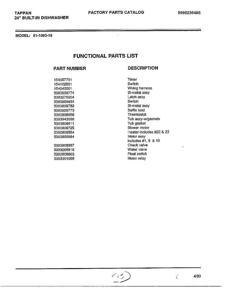 Functional Parts List Diagram and Parts List for 61-1083-10  Frigidaire Dishwasher
