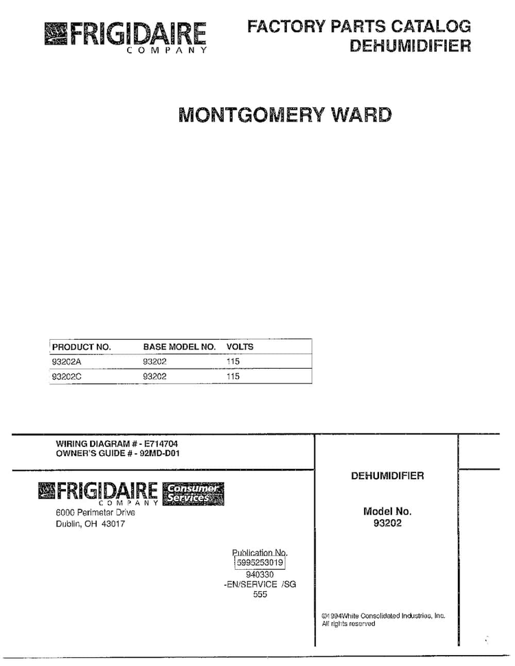 Front Coverdehumidifier Diagram and Parts List for 93202A  Frigidaire Dehumidifier