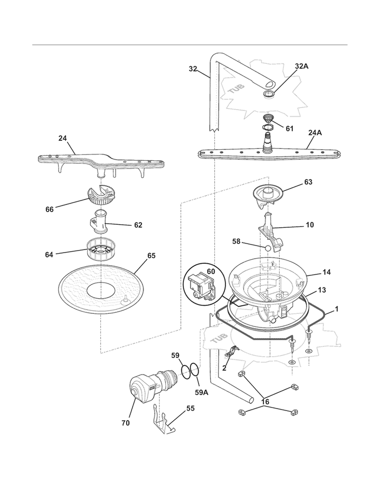 Motor & Pump Diagram and Parts List for FDB520RHB3  Frigidaire Dishwasher
