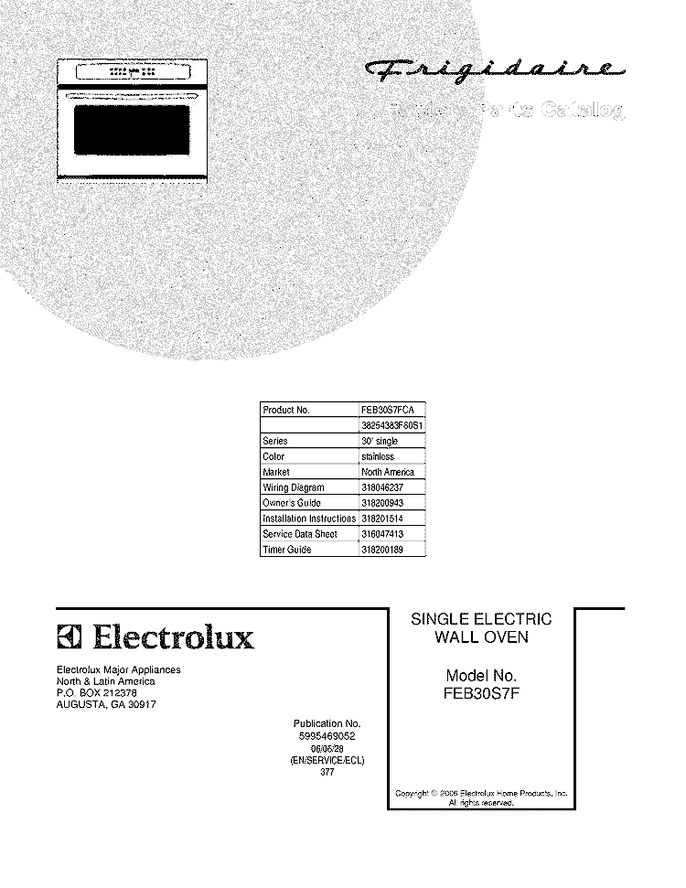 COVER Diagram and Parts List for FEB30S7FCA  Frigidaire Wall Oven