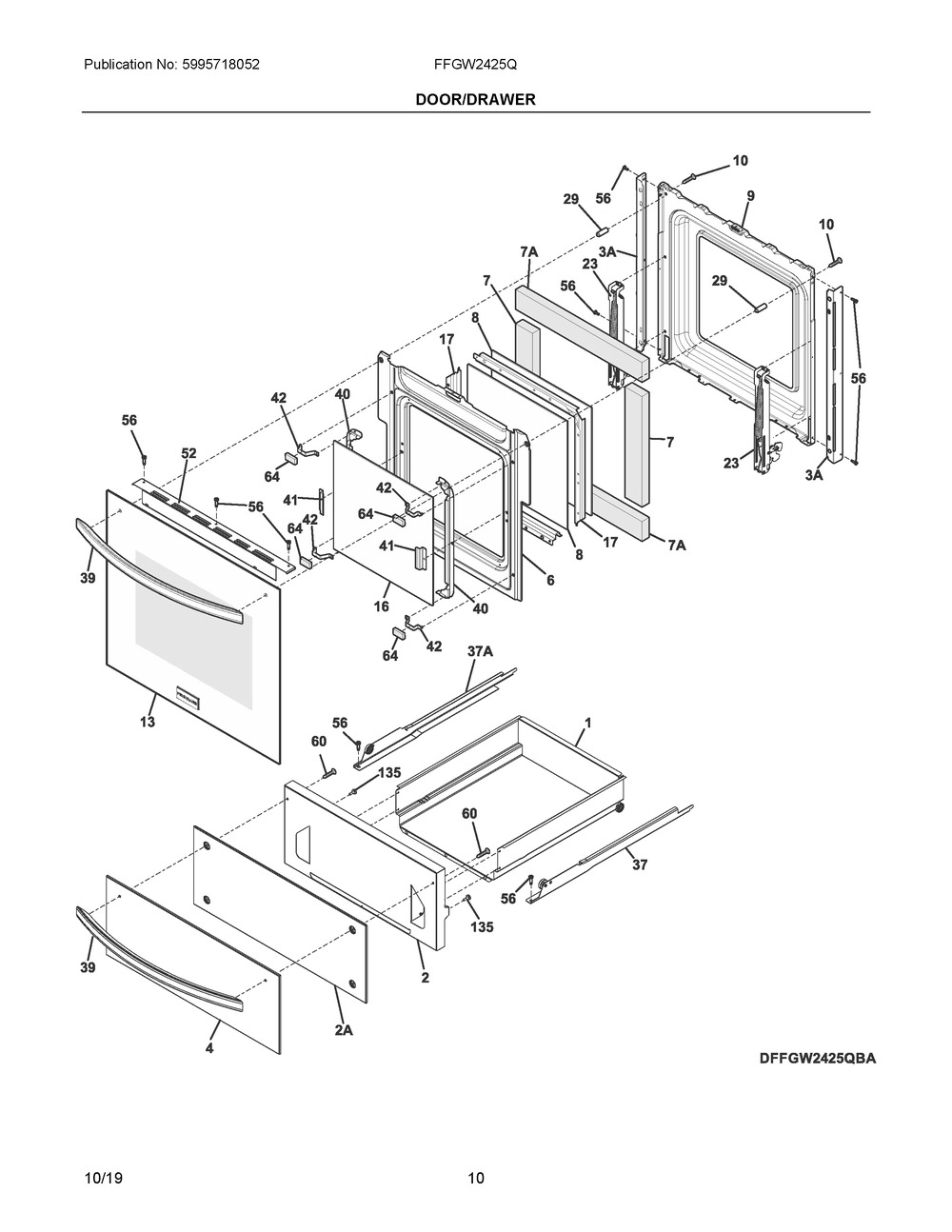 Door/drawer Diagram and Parts List for FFGW2425QWC  Frigidaire Wall Oven