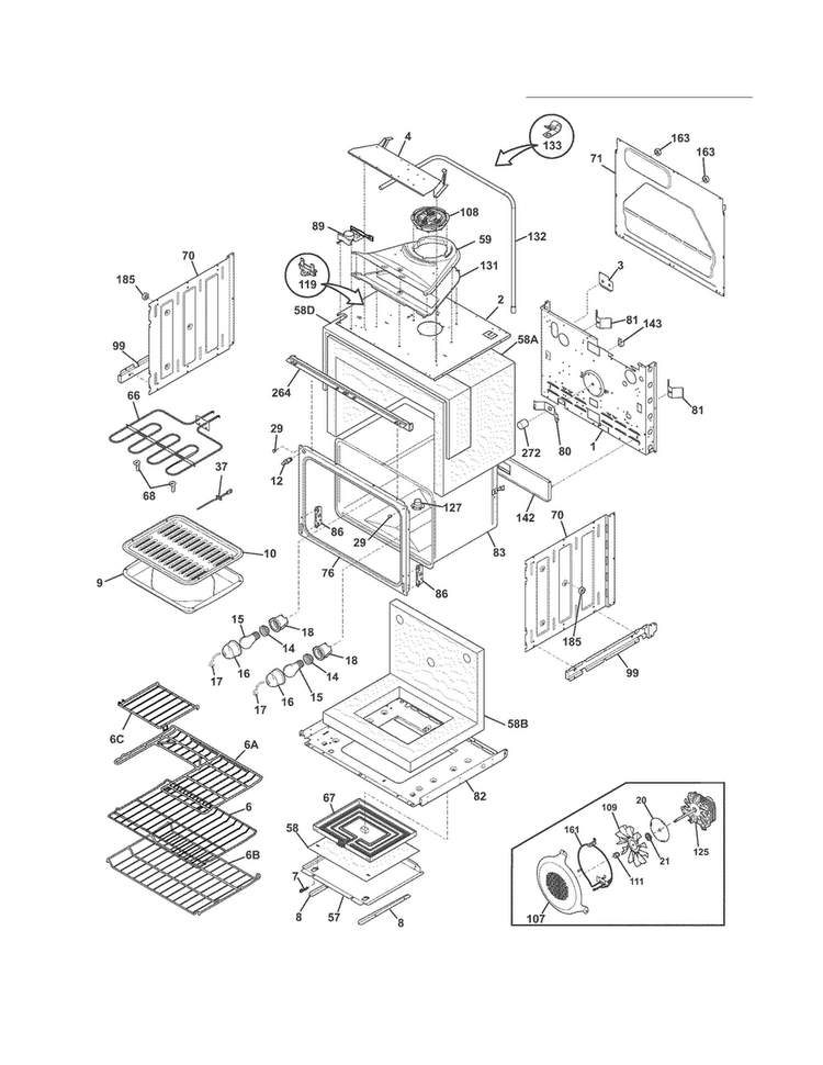 Upper Oven Diagram and Parts List for FGET3065KWB  Frigidaire Wall Oven