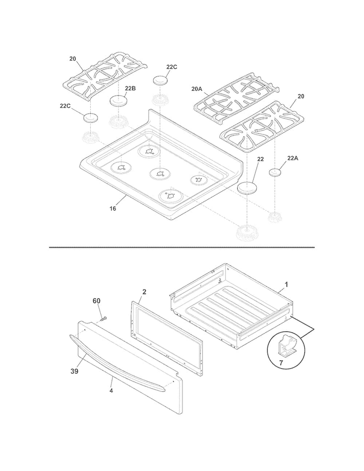 Top/drawer Diagram and Parts List for LGGF3044LFF  Frigidaire Range