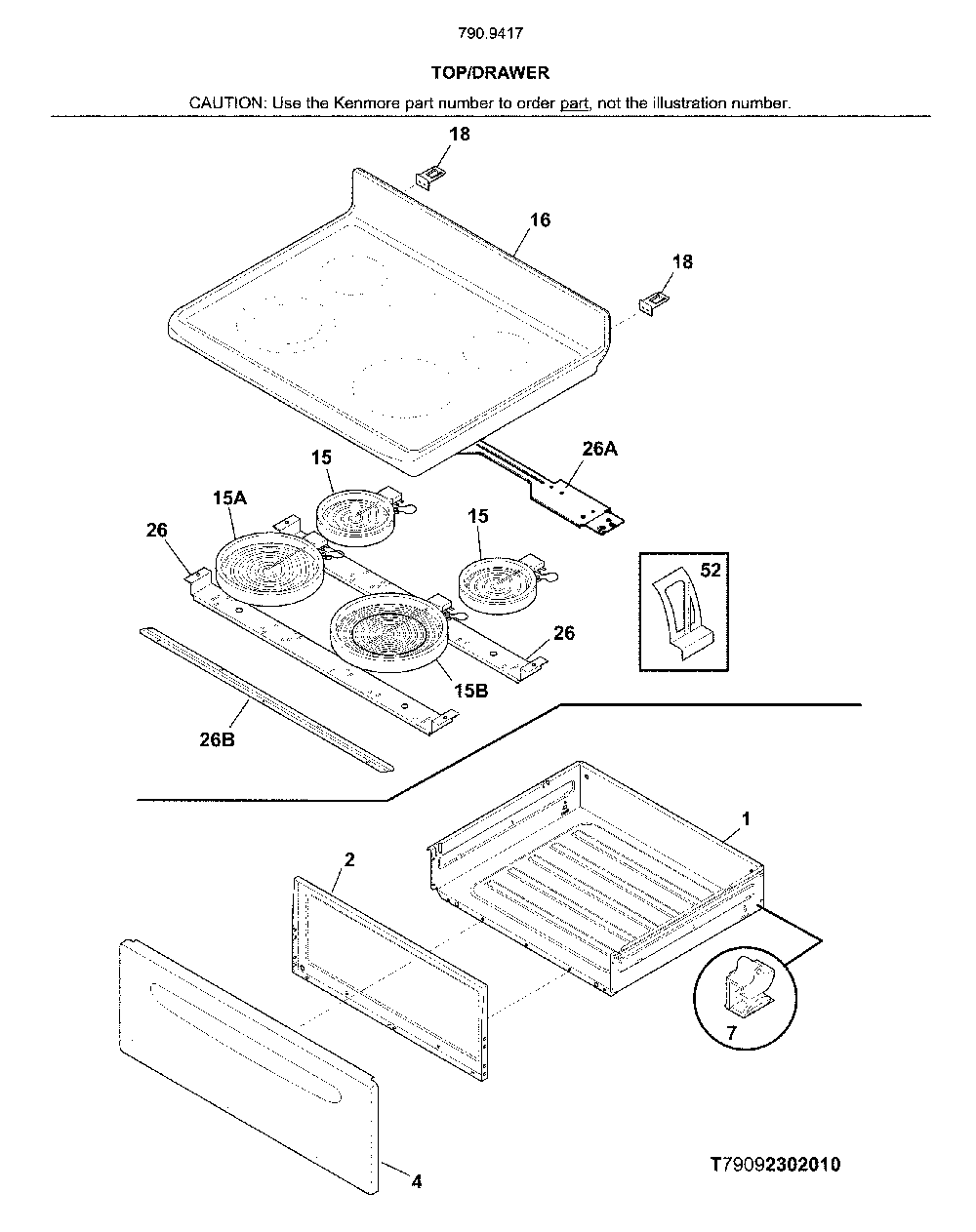 Top/drawer Diagram and Parts List for 79094179315  Kenmore Range