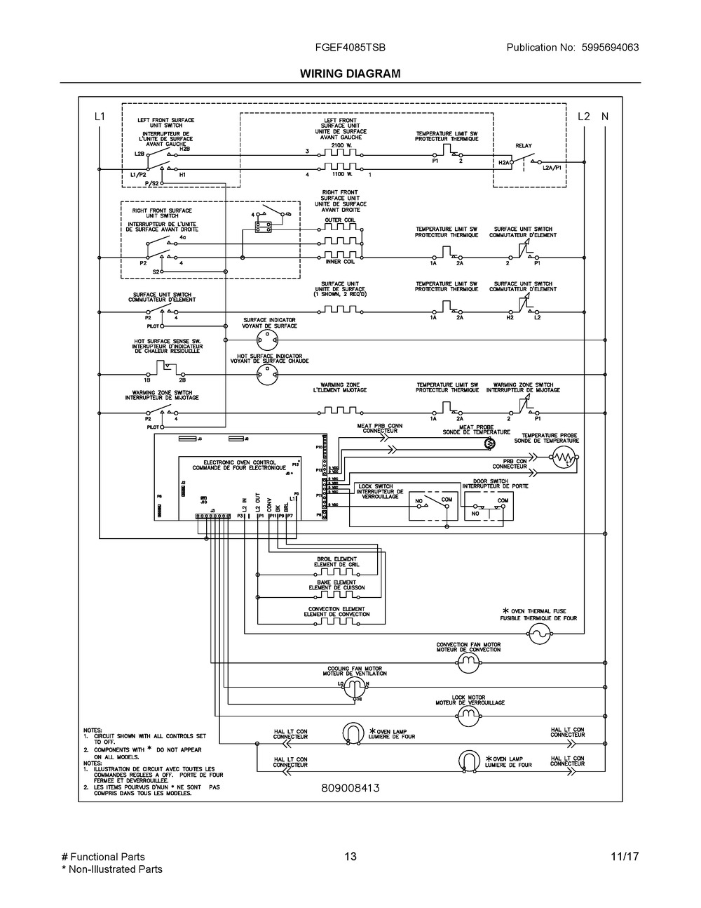Wiring Diagram Diagram and Parts List for FGEF4085TSB  Frigidaire Range