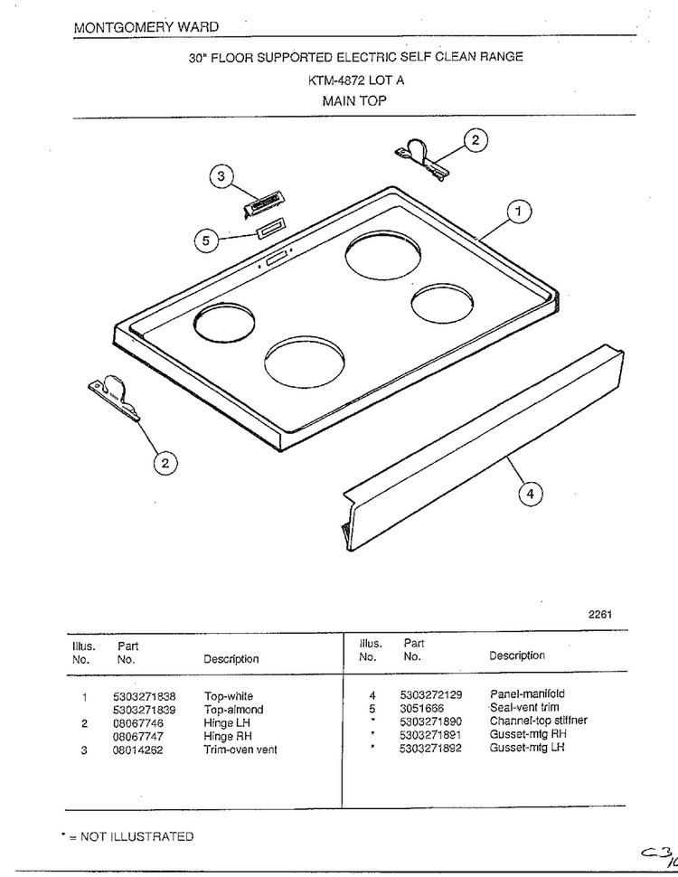 Main Top Diagram and Parts List for 4872A  Frigidaire Range