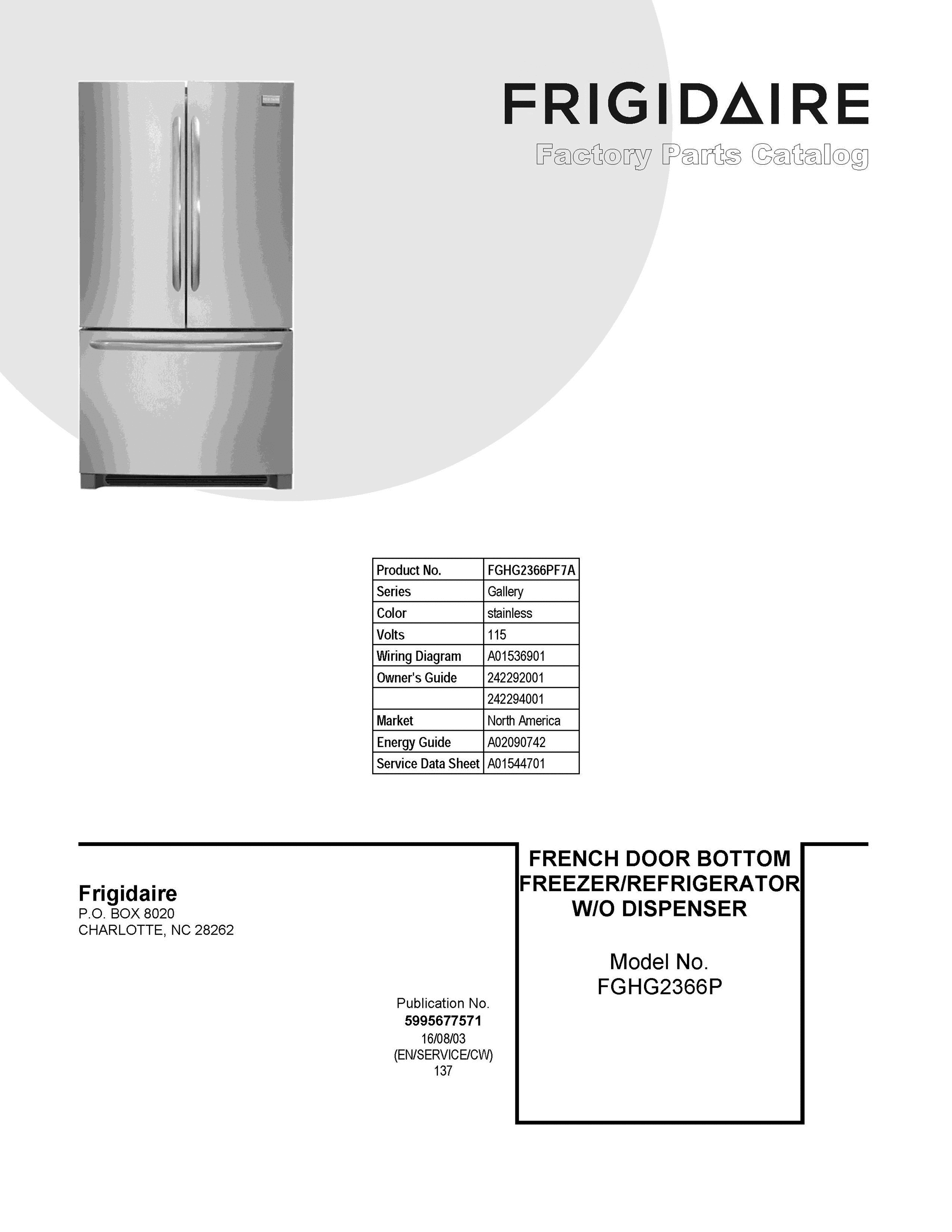 01 - COVER SHEET Diagram and Parts List for FGHG2366PF7A  Frigidaire Refrigerator