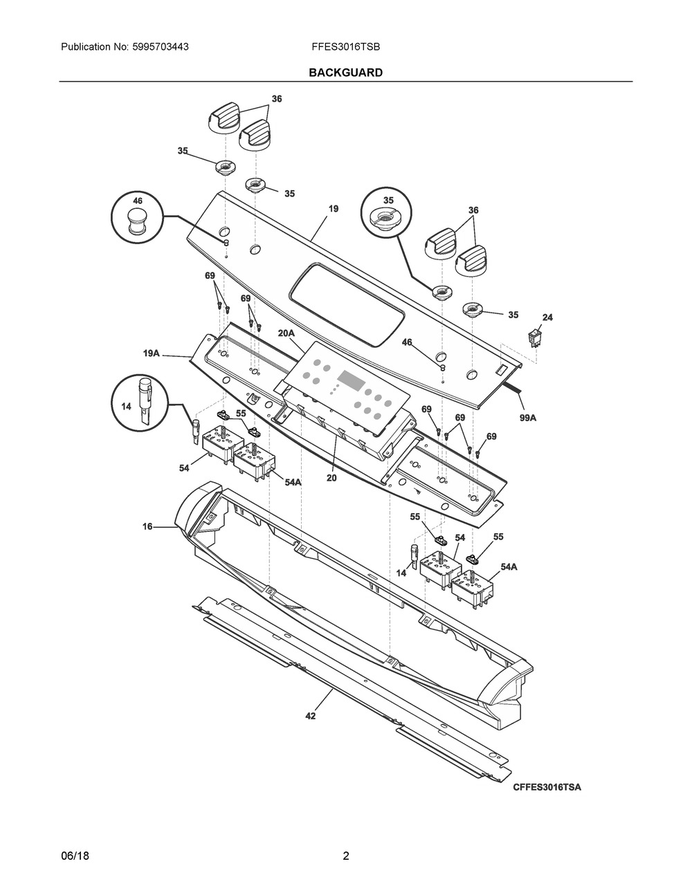 Backguard Diagram and Parts List for FFES3016TSB  Frigidaire Range