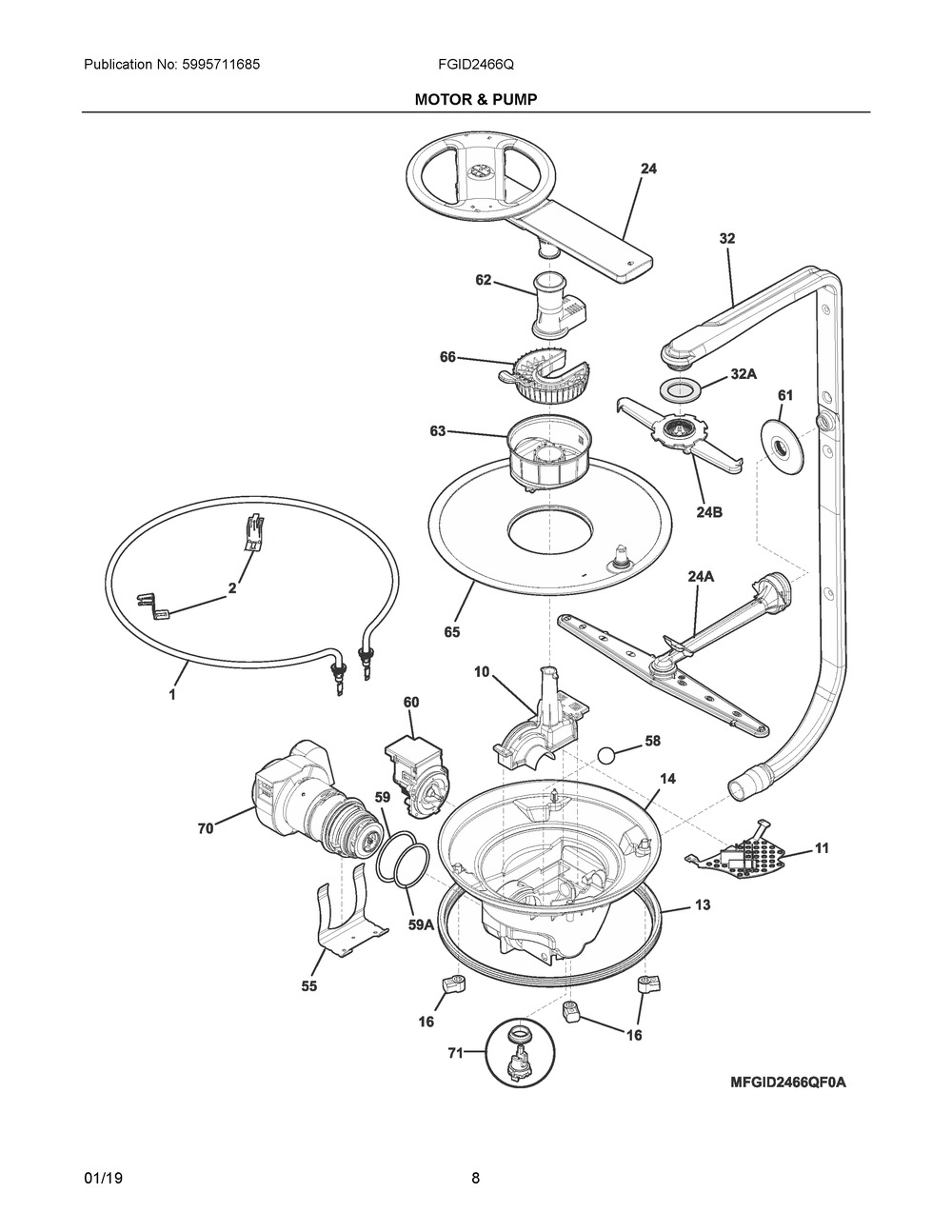 Motor & Pump Diagram and Parts List for FGID2466QB7A  Frigidaire Dishwasher